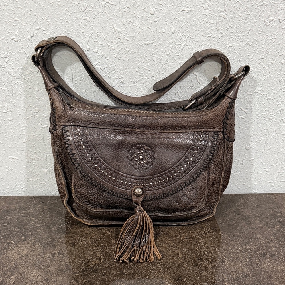 Patricia Nash Camila Brown Distressed Leather Tassel Crossbody Bag